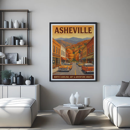 Vintage-style poster of Asheville, North Carolina with cars on a street.