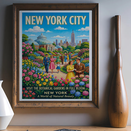 Vintage New York City travel poster of botanical gardens with people and buildings.