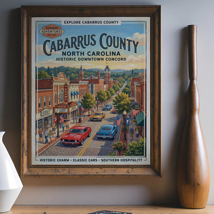 Cabarrus County North Carolina historic downtown Concord poster featuring classic cars.