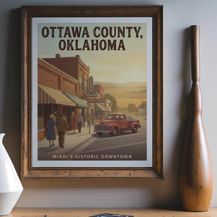 Poster depicting Ottawa County, Oklahoma, with a historic downtown scene and red truck.