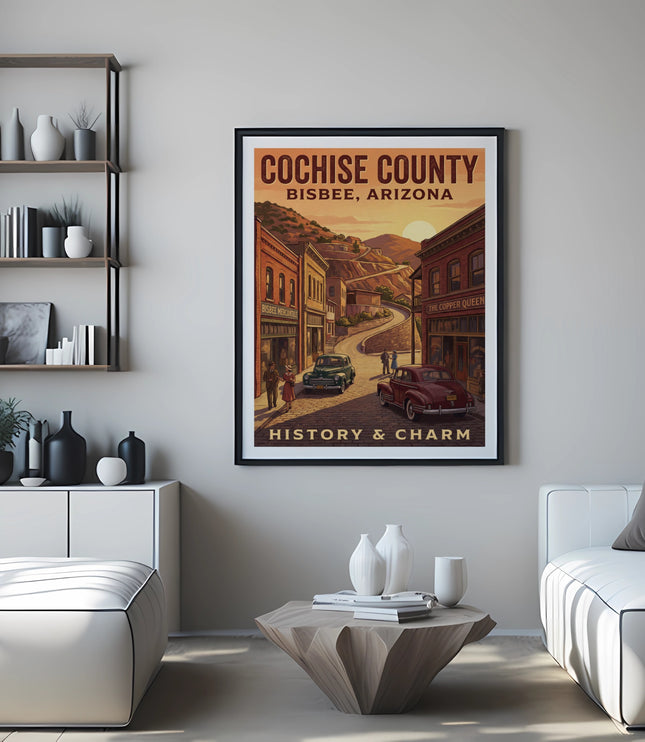 Cochise County Bisbee, Arizona "History & Charm" travel poster with vintage cars.