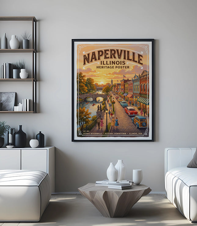 Poster featuring Naperville, Illinois heritage scene with riverwalk and historic downtown.