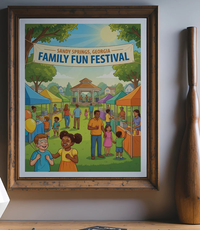 Poster for Sandy Springs, Georgia Family Fun Festival with people and vendors.