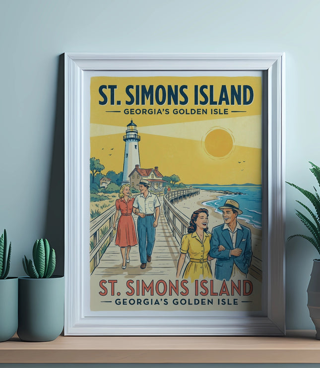 St. Simons Island, Georgia's Golden Isle retro poster featuring happy couples and a lighthouse.