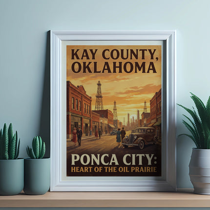 Retro poster of Kay County, Oklahoma, featuring Ponca City and oil derricks.
