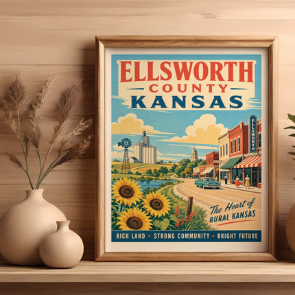 Ellsworth County, Kansas vintage travel poster featuring sunflowers and town buildings.