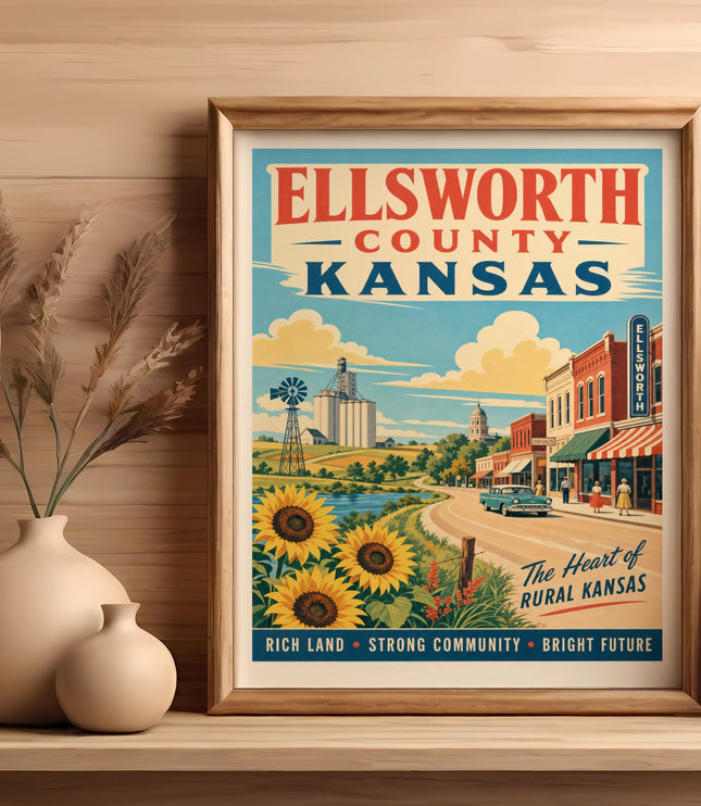 Ellsworth County, Kansas vintage travel poster featuring sunflowers and town buildings.