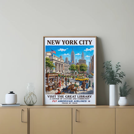 New York City poster with "Visit the Great Library" and American Airlines promotion.