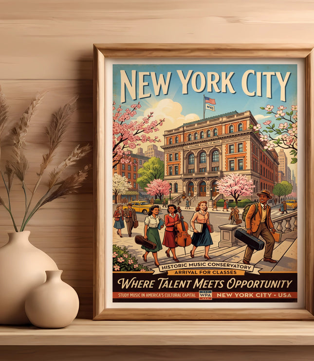 New York City poster shows Juilliard School building with students arriving, text "Where Talent Meets Opportunity".