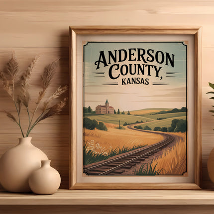 Framed poster of Anderson County, Kansas with a scenic landscape and railroad track.