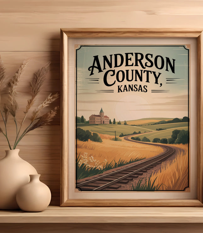 Framed poster of Anderson County, Kansas with a scenic landscape and railroad track.