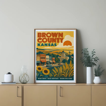 Brown County Kansas poster with sunflowers and wheat fields.