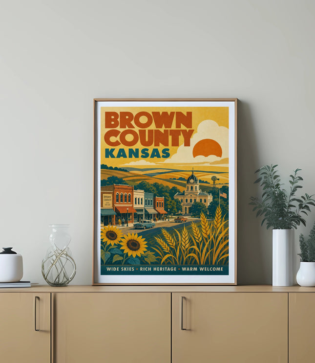 Brown County Kansas poster with sunflowers and wheat fields.