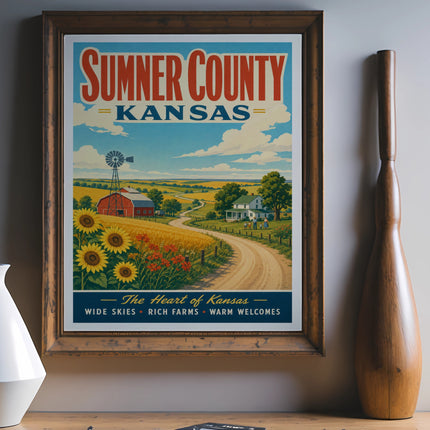 Sumner County, Kansas vintage travel poster with farm, windmill, and sunflowers.