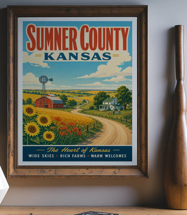 Sumner County, Kansas vintage travel poster with farm, windmill, and sunflowers.