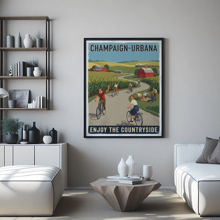 Framed vintage poster of Champaign-Urbana countryside with cyclists.
