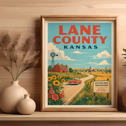 Framed vintage poster of Lane County, Kansas with farm scenes and a red car.