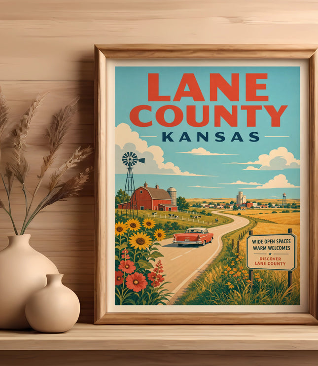 Framed vintage poster of Lane County, Kansas with farm scenes and a red car.