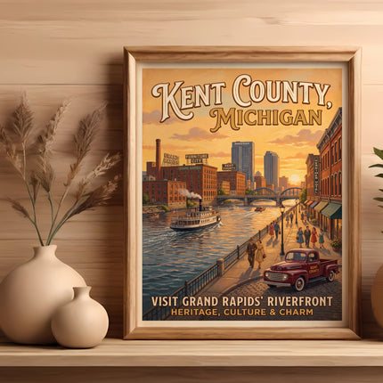 Framed poster of Kent County, Michigan riverfront scene with boat and vintage truck.