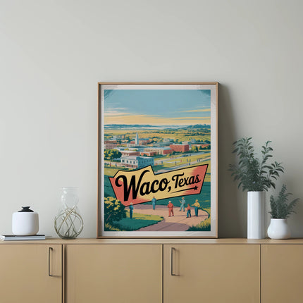 Framed art print with "Waco, Texas" text, showing people in a cityscape.