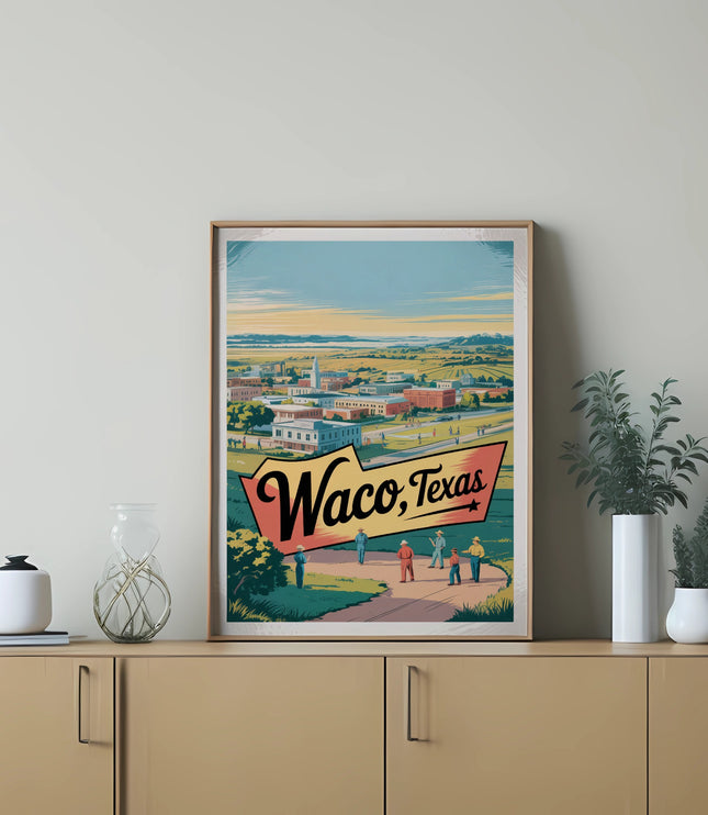 Framed art print with "Waco, Texas" text, showing people in a cityscape.