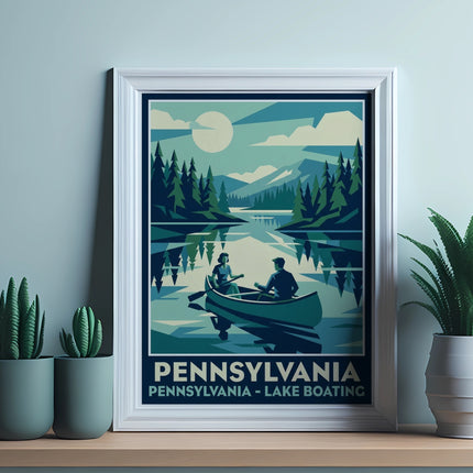 Framed Pennsylvania Lake Camping poster with two people canoeing in a lake.