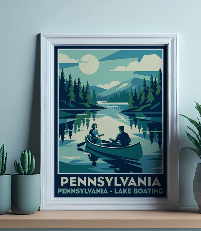 Framed Pennsylvania Lake Camping poster with two people canoeing in a lake.