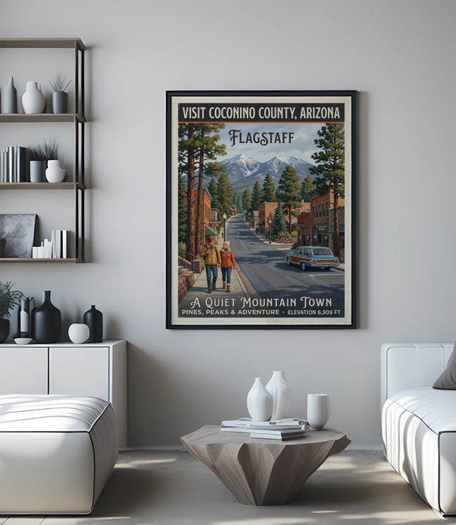 Vintage travel poster for Flagstaff, Arizona showing a street scene with mountains.