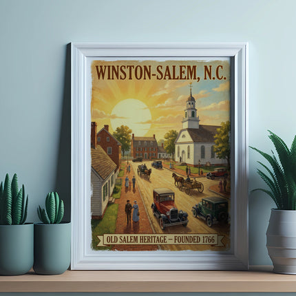 Winston-Salem, N.C. poster with vintage street scene and "Old Salem Heritage" text.