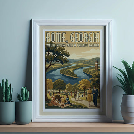 Framed poster of Rome, Georgia with people picnicking by a river.