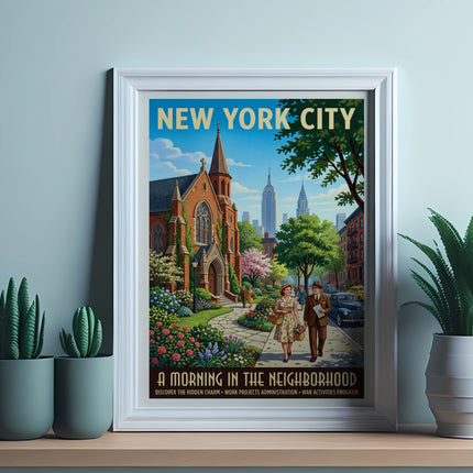 New York City poster featuring a couple walking past a brick building and city skyline.