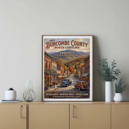 Vintage travel poster for Buncombe County, North Carolina, featuring Asheville and the Blue Ridge Mountains.