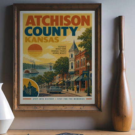 Atchison County Kansas vintage travel poster with river scene and historic buildings.