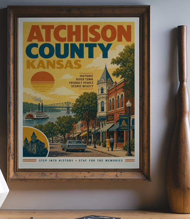 Atchison County Kansas vintage travel poster with river scene and historic buildings.