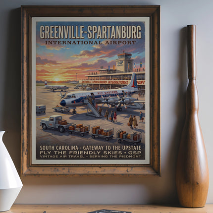 Greenville-Spartanburg International Airport vintage travel poster featuring planes and luggage.