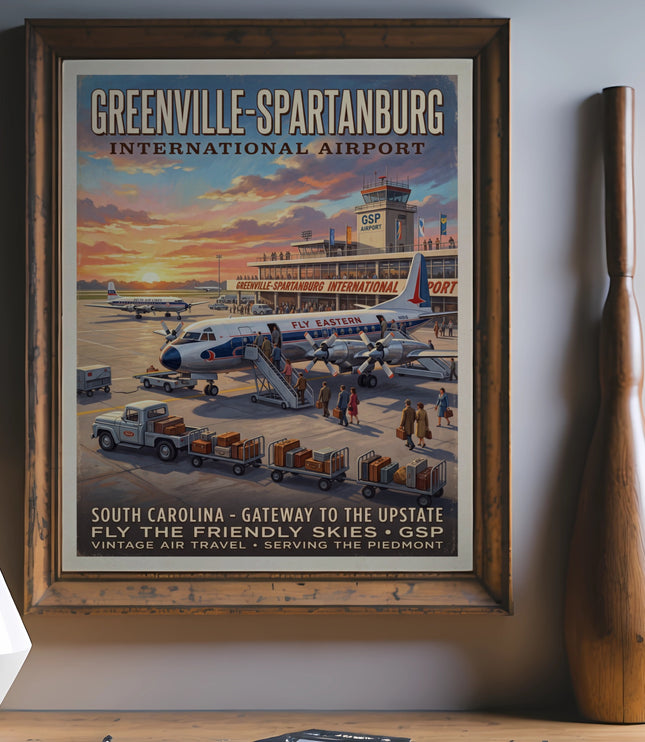 Greenville-Spartanburg International Airport vintage travel poster featuring planes and luggage.