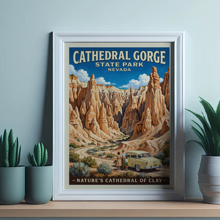 Vintage style poster of Cathedral Gorge State Park, Nevada, with a vintage car and family.