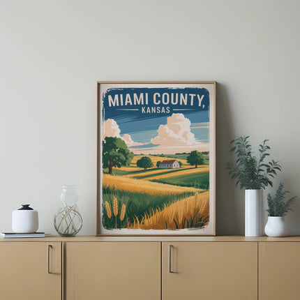 Miami County, Kansas landscape poster with wheat fields and farmhouse.