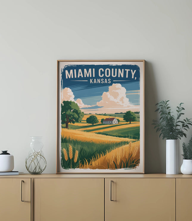 Miami County, Kansas landscape poster with wheat fields and farmhouse.