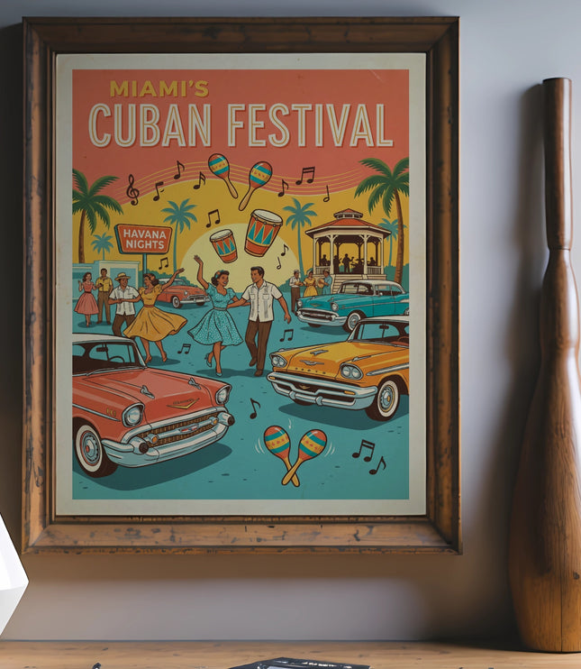 Miami's Cuban Festival poster with dancing people, vintage cars, and palm trees.
