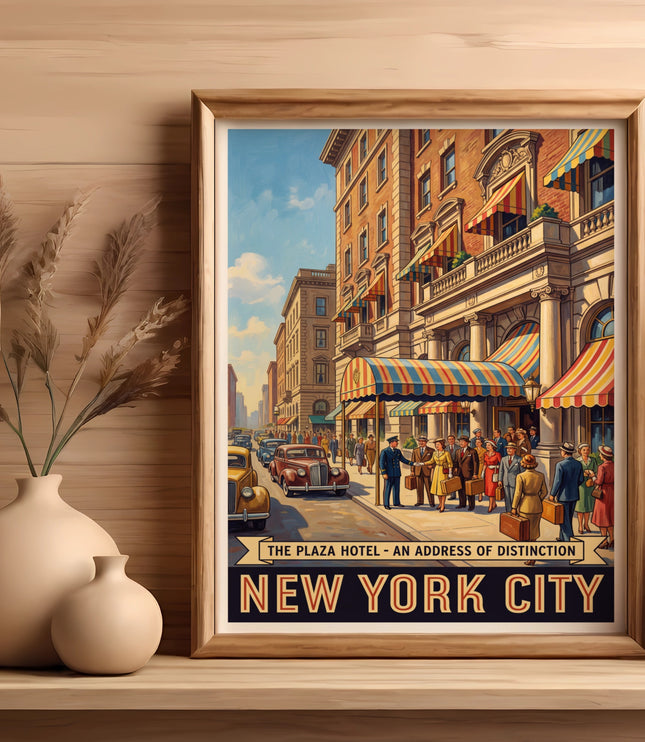 Vintage New York City Plaza Hotel poster with people and cars.