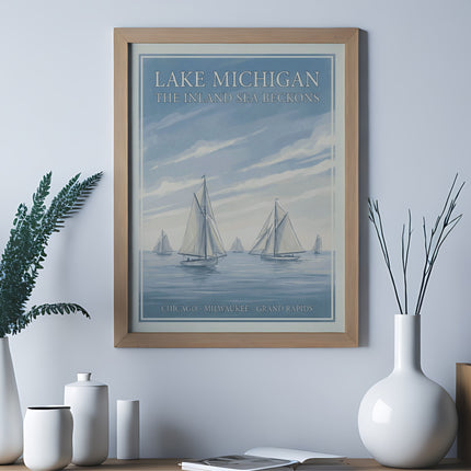 Vintage poster of sailboats on Lake Michigan, with text "The Inland Sea Beckons."