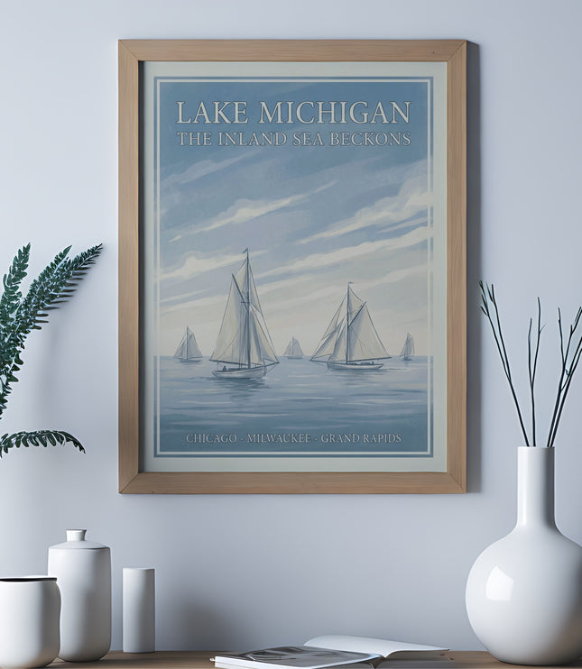 Vintage poster of sailboats on Lake Michigan, with text "The Inland Sea Beckons."