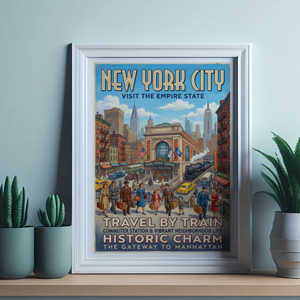 Vintage New York City poster with Grand Central Terminal, train, and city buildings.