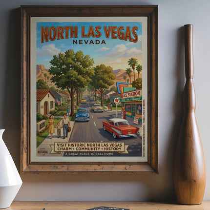 Vintage poster showing North Las Vegas, Nevada, with historic homes, cars, and an Ace gas station.