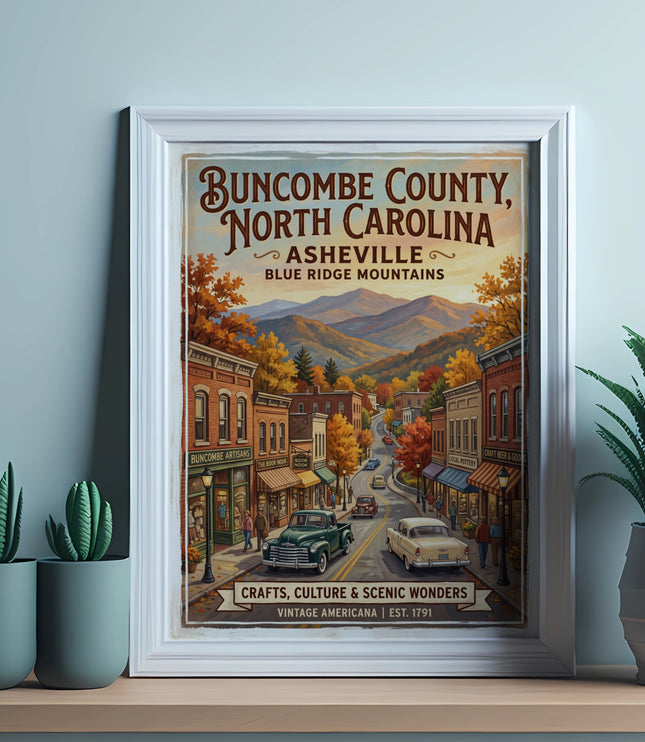 Buncombe County North Carolina Asheville vintage Americana poster with Blue Ridge Mountains.
