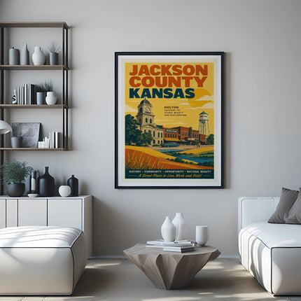 Jackson County Kansas Holton poster with vintage buildings and scenic landscape.