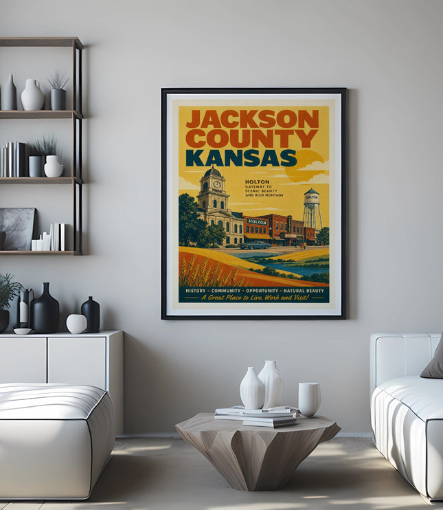 Jackson County Kansas Holton poster with vintage buildings and scenic landscape.