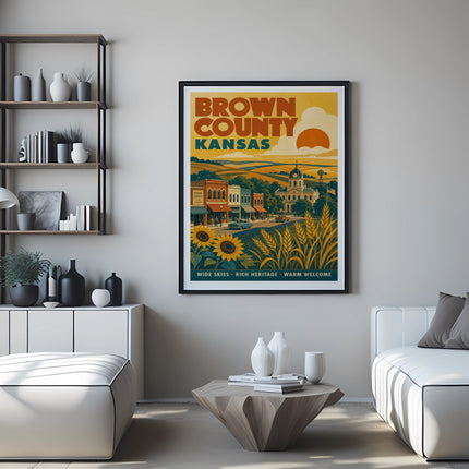 Brown County Kansas poster with sunflowers, vintage buildings, and sunset.