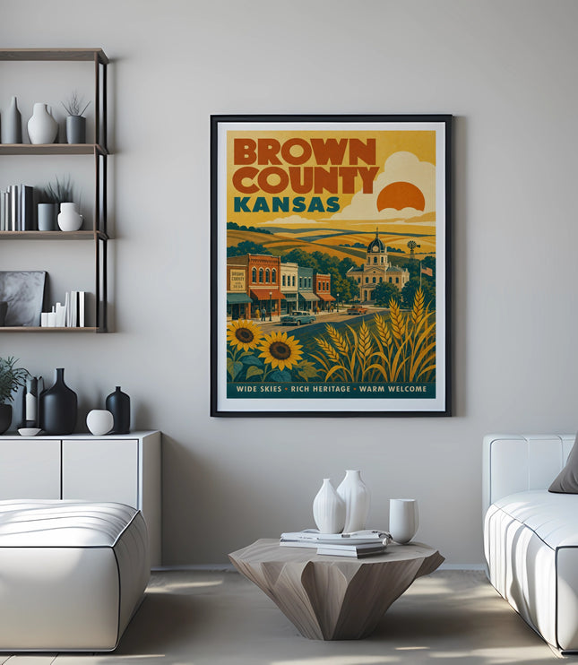 Brown County Kansas poster with sunflowers, vintage buildings, and sunset.